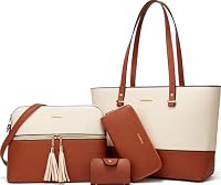 Lovematch Damen-Handtaschenset aus Kunstleder, mit Tragegriff, 4-teilig, Beige+Braun, Large