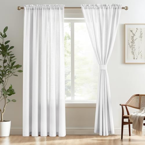 Image of Melodieux White Semi Sheer Curtains 84 Inches Long for Living Room - Linen Look Bedroom Rod Pocket Voile Drapes, 52 by 84 Inch (2 Panels)