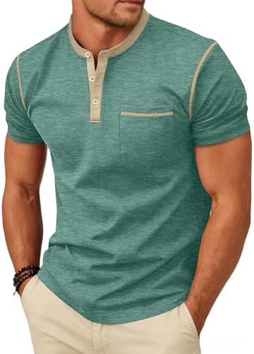 Men's Henley Shirt Casual Button Short Sleeve T-Shirt Summer Patchwork Color Block Tee Shirts