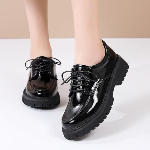 Image of Womens Black Oxford Work Shoes, Comfortable Lace-Up Casual Dress Footwear