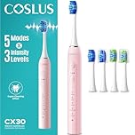 COSLUS C30 Electric Toothbrush for Adults: 3 Intensities & 5 Modes Customized for Effective Yet Gentle Ultra-Clean Feel, 2 Types of Heads for Gentle or Daily Care, Pink & Pink Button, 1PC