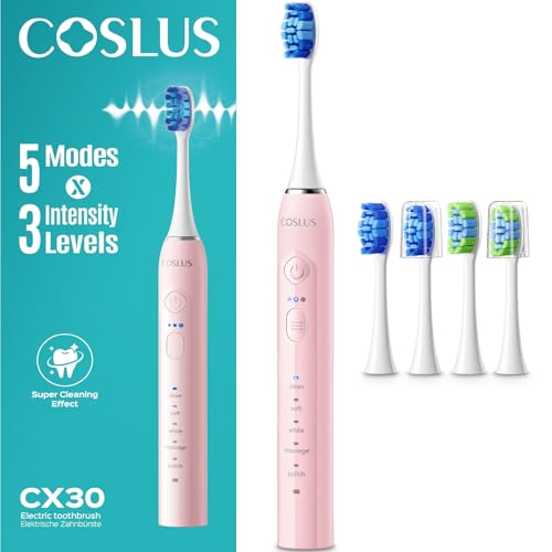 COSLUS Sonic Electric Toothbrush for Adults: Deep Teeth Cleaning & Whitening - 5 Modes & 3 Intensity Levels for Sensitive Teeth & Braces, 2 Types of Brush Heads 2 Hours Charge, Pink & Pink Button