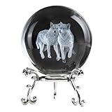 QIANCHANG 3D Wolf Crystal Ball with Stand, Wolf Figurine Decor Glass Animal Globe, Wolves Gifts for Women(60mm)