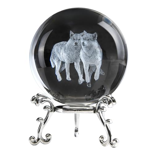QIANCHANG 3D Wolf Crystal Ball with Stand, Wolf Figurine Decor Glass Animal Globe, Wolves Gifts for Women(60mm)