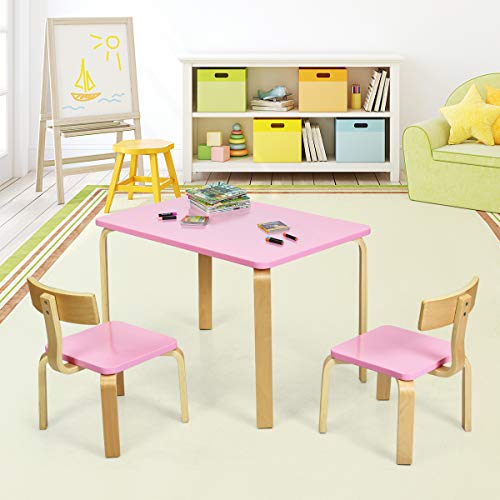 Costzon Kids Table And Chair Set, Wood Table And Chairs For Toddlers Reading, Arts, Crafts, Homework, Snack Time, 3 Piece Furniture For Playroom Home School Classroom, Childrens Table And Chair, Pink #TOP6