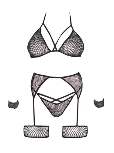 Leg Avenue Ensemble Top Résille, String et Harnais, Taille Unique - Noir/Argent