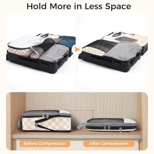 Image of BAGAIL 4 Set /6 Set /8 Set Compression Packing Cubes Travel Accessories Expandable Packing Organizers (Half Mesh, 6-Khaki Checkered)
