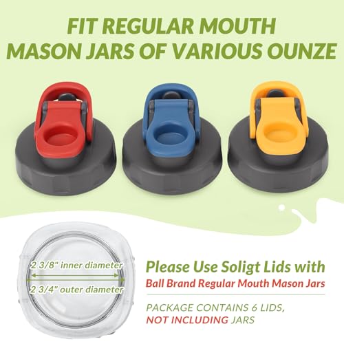 Image of Soligt 6 Pack Mason Jar Lids, Regular Mouth Pour Spout Flip Cap Lids for Ball Brand Mason Jars, Leak Proof Airtight for Drinking Salad Dressing & Food Storing (jars are not included)