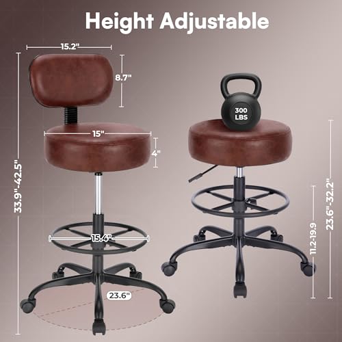 Image of SUPERJARE Drafting Chair with Back, Adjustable Foot Rest Rolling Stool, Multi-Purpose Office Desk Chair, Thick Seat Cushion for Home Bar Kitchen Shop - Rustic Brown