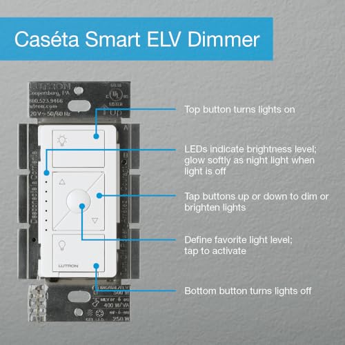 Lutron Caseta Original Smart Dimmer Switch ELV+ (Lutron Hub Required), 250W LED, Single-Pole/3-Way, Neutral Required, PD-5NE-WH, White by Lutron - Image 8