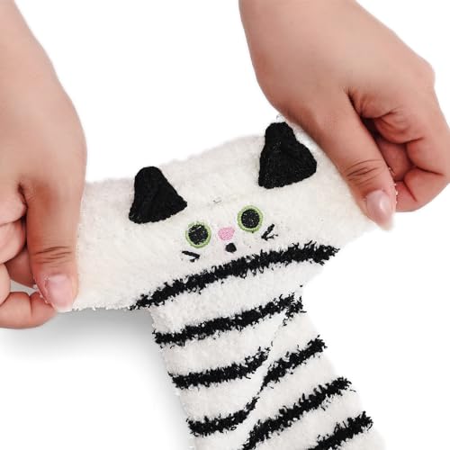 Image of Thigh High Fuzzy Socks Cute Animal Coral Fleece Over the Knee Thigh High Long Stockings Warm Stripe