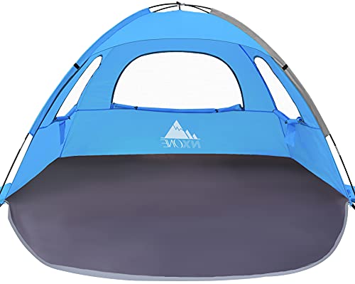 NXONE Beach Tent Sun Shade Shelter for 2-3 Person with UV Protection, Extended Floor, 3 Mesh Roll Up Windows & 8.0mm Fiberglass Rods丨Carry Bag Included (Sky Blue)