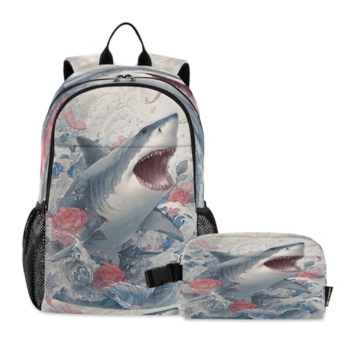 ALAZA Shark with Roses Kids Backpack Elementary Girls Boys Bookbag Rucksack Primary School Bag Backpack Set with Lunch Bag