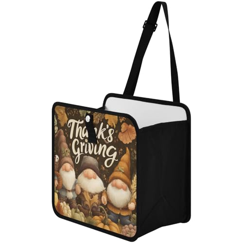 Image of Car Trash Can Organizer Bin with Adjustable Strap for Back Front Seat Console Waterproof Leakproof Collapsible Portable 8.66 Inch Autumn Gnomes Pumpkin Brown