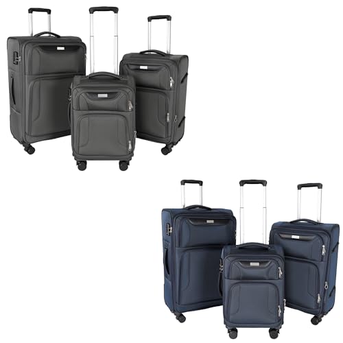 3-Piece Grey Softside Expandable Oxford Fabric Suitcase Set with Front Open Pocket & 3-Piece Deep Blue Softside Expandable Oxford Fabric Suitcase Set with Front Open Pocket