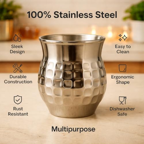 Image of STEEPLE Stainless Steel Kulhad Tea Cups 170 ml | Premium Hammered Tea & Coffee Cups | Steel Kulhad for Chai, Coffee, Milk & Juice | Drinking Cups for Home & Office (Set of 4)
