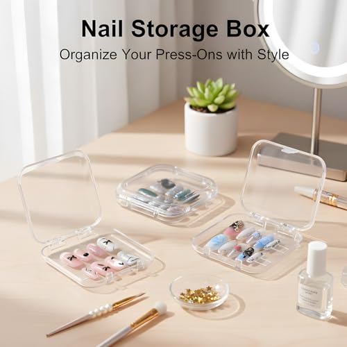 Image of 12 Pcs Press on Nail Storage Box with 60 Pcs Double Sided Adhesive Tapes, Nail Packaging Boxes Fake Nail Display Case Crystal Clear Nail Storage Box with Gift Box for Nail Art Business Nail Salon