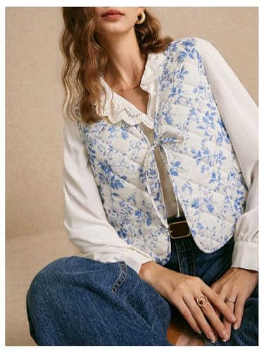 MakeMeChic Women's Floral Tie Front Puffer Vest Sleeveless V Neck Lightweight Quilted Jacket Outerwear4
