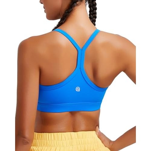 RUNNING GIRL Sports Bra for Women Ruched V Neck - Y Back Spaghetti Sports Bra with Removeable Pads, Best for A-C Cups Blue Large