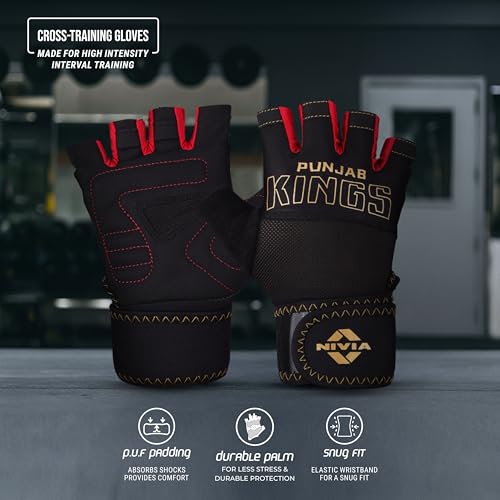 Image of Nivia X Punjab Kings Enduro Cross Training Gloves - Breathable Mesh Back, Flexible 4-Way Stretch Fit, Durable Grip for Gym & Functional Training, Small
