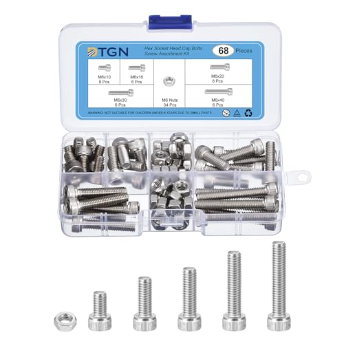 DTGN 68Pcs M6 Metric Screw Assortment, Bolts and Nuts Kit, 304 Stainless Steel M6x10/16/20/30/40mm Hex Socket Head Cap Screws Bolt Set for 3D Printing DIY