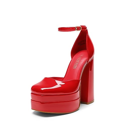 DREAM PAIRS Women’s High Chunky Platform Closed Toe Block Heels Square Toe Ankle Strap Dress Wedding Party Pumps Shoes Aurelia 5.5 Red-pat