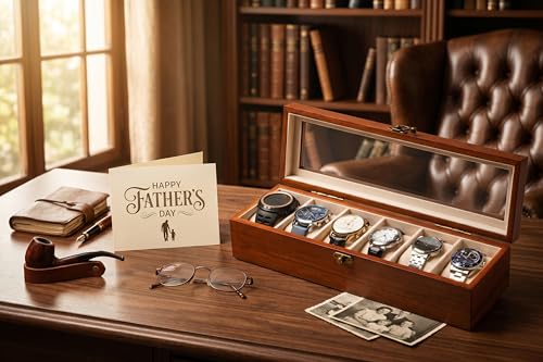 Image of Watch Box, Watch Case for Men Women with Large Glass Lid, Wooden Watch Display Storage Box with 6 - Slots, Classic Walnut Mens Watch Box Organizer