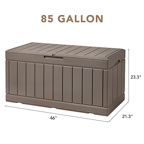 Image of Devoko 85 Gallon Deck Box Lockable Resin Outdoor Storage Box waterproof Outdoor Container for Patio Furniture Cushions, Pillow (Light Brown)