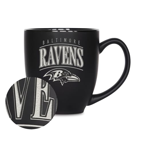 Rico Industries NFL Football Baltimore Ravens Tribute 15oz Laser Engraved Matte Black Ceramic Bistro Mug - For Hot or Cold Drinks