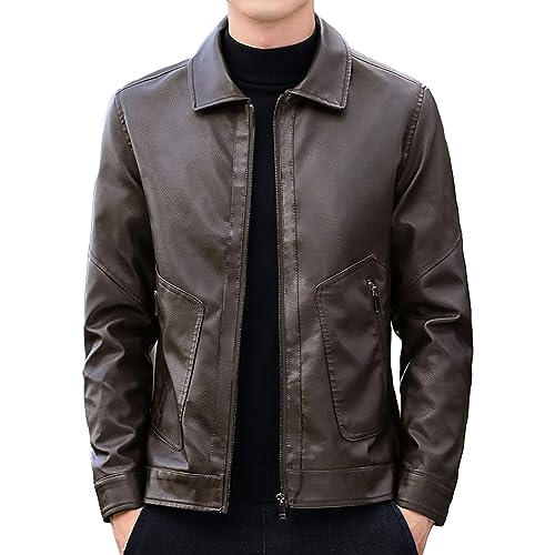 Veste en cuir décontractée pour hommes avec col à revers et poche zippée