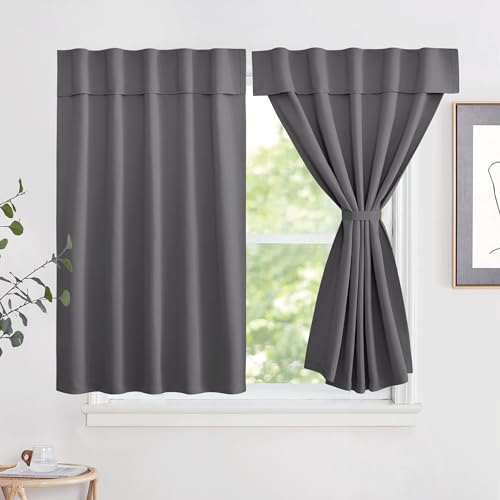 NICETOWN Grey Blackout Curtains for Travel, Portable Self Sticky Easy Installation Short Curtains for Bathroom/Basement Window, Short Window Shade for