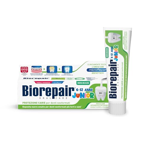 Biorepair, Dentifricio Junior 6-12 anni, Dentifricio per Bambini senza Fluoro, con Vitamina E, Antiossidante, per Gengive Sane, Rinfrescante Gusto Menta, 75 ml