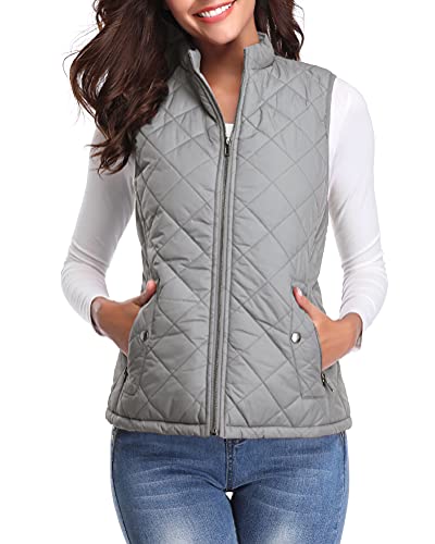 Fuinloth Women's Quilted Vest, Stand Collar Lightweight Zip Padded Gilet Gray L