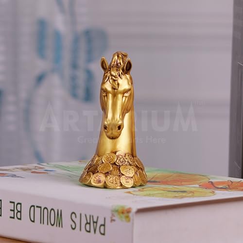 Image of Artarium Coin Horse Head Horse Showpiece Vastu Horse Idol Good Luck Resin Horse Statue Feng Shui Horse for Home Decor Office Table Decor (Coin Horse 7 Inch)