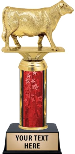 11" Cow Angus Cow - Red Stars Column Trophy - Add Your Own Engraving Prime