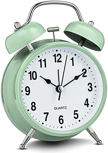 Bernhard Products Analog Alarm Clock 4" Twin Bell Green Silent Non-Ticking Quartz Battery Operated Extra Loud with Backlight for Bedside Table Vintage Retro Style, Decorative Desk Clocks (Pistachio)