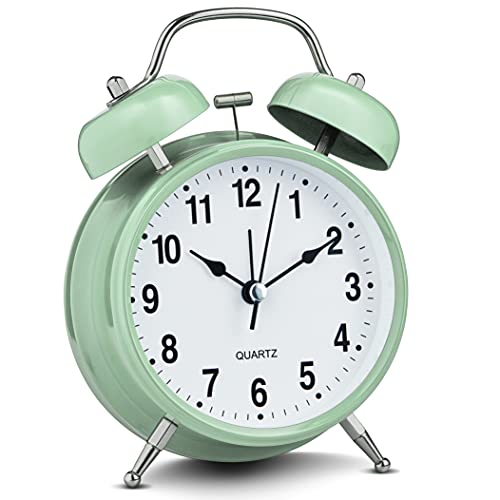 Image of Bernhard Products Analog Alarm Clock 4 inch Twin Bell Green Silent Non-Ticking Quartz Battery Operated Extra Loud with Backlight for Bedside Desk, Retro (Pistachio Green)