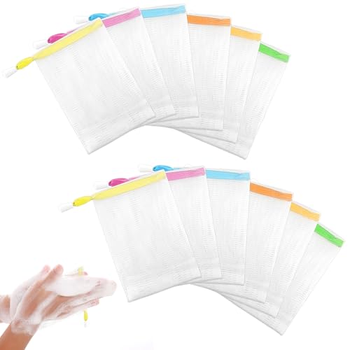 Assorted Colors Bar Soap Pouch Bag for Soap Bars, 12PCS Handmade Bubble Mesh Exfoliating Saver Pouch Net Shampoo Bar Bags Soaps Sleeves with Drawstring Body Facial Cleaning Tool for Bath & Shower