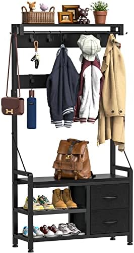Lulive Entryway Bench with Coat Rack, 31” Hall Tree with Bench and Shoe Storage, 17 Hooks and Drawers, 4 in 1 Intelligent Design Freestanding Shoe Bench and Wall Rack (Black)