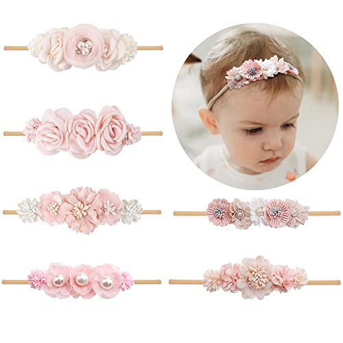 Image of NUWAJP Baby Girls Headbands Flower Headband 6 Pcs Nylon Elastic Headbands Newborn Hair Bows Hair Accessories Gifts for Infant Toddlers Kids