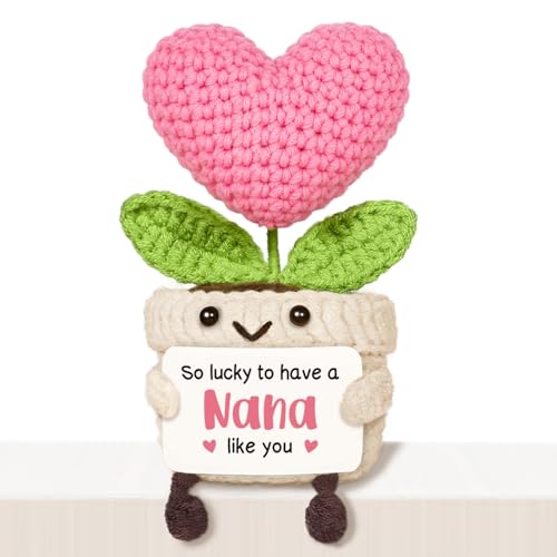 AceThrills Nana Gifts, Birthday Gifts for Nana from Granddaughter Grandson, Handmade Emotional Positive Mini Crochet Pink Heart Flower