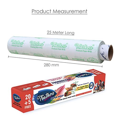 Image of Feather's Multipurpose Food Wrapping Paper Roll | Pack of 1, 25m | Baking Paper | Butter Paper | Parchement Paper for Baking and Air Fryer | Roti, Sandwich, Rolls, Lunch and Packaging