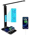snsok Desk Lamp with Wireless Charger, USB Charging Port, Dimmable Office Desk Light with Clock, Alarm, Date, Temperature, Foldable Lamp for Table Bedroom Bedside Office (Black)
