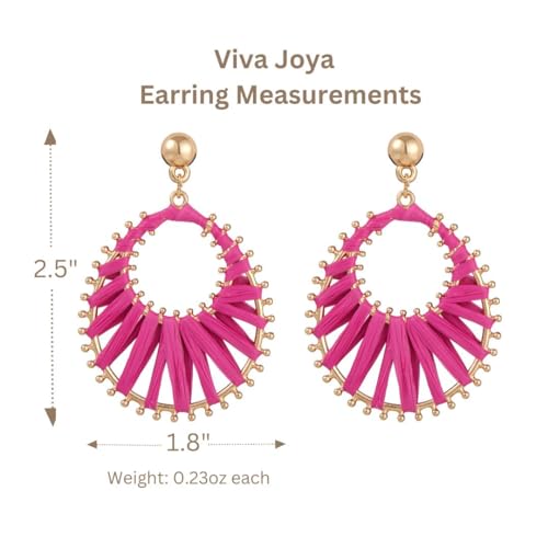 Viva Joya Boho Raffia Teardrop Earrings for Women, Large Statement Drop Dangle Earrings for Prom, Aesthetic Fashion Trendy Jewelry, Handmade Woven Beach Bridal Shower Earrings (Magenta) by Viva Joya - Used condition - Image 6
