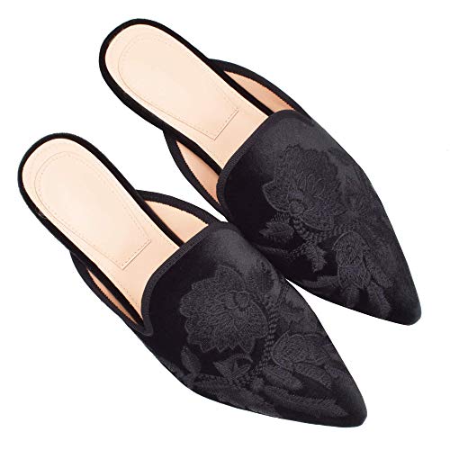 Fericzot Women's Velvet Backless Pointed Toe Slip On Loafers Flats Embroidery Mule Slippers Shoes Black 10 #TOP2