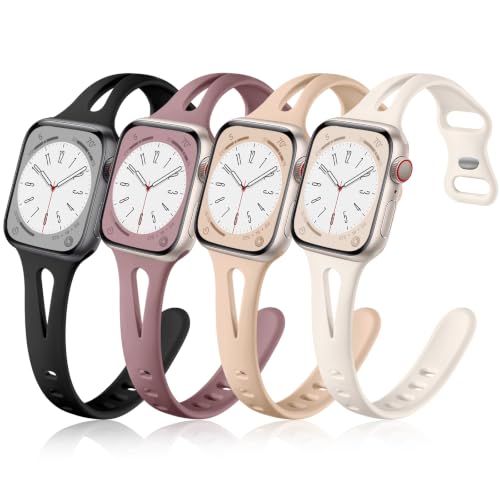 Image of Getino Compatible with Apple Watch Bands 40mm 38mm 41mm 42mm iWatch Series 11 10 9 8 7 6 5 4 3 2 1 SE Women, Durable Soft Silicone Thin Slim Sport iWatch Strap, Black /Smoke Violet /Starlight /Milk Tea