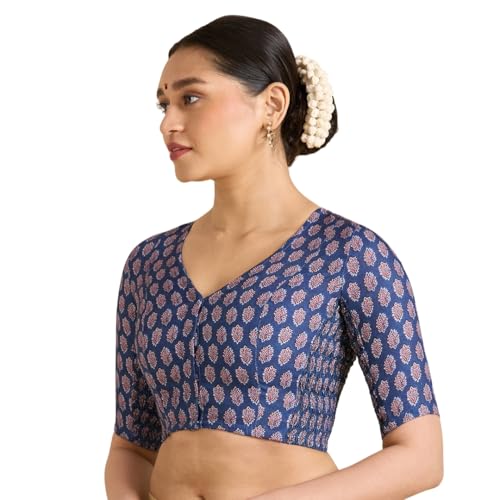Image of Studio Shringaar Women's Blue Cotton Printed Side Stretch (Smocked) Readymade Saree Blouse