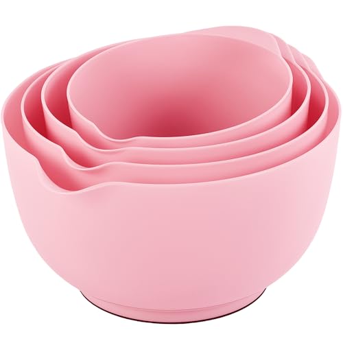 BoxedHome Lot de 4 bols mélangeurs en plastique sans BPA, rose clair, avec bec verseur, fond antidérapant et poignée, empilables, passent au lave-vaisselle et au micro-ondes, parfaits pour la cuisson
