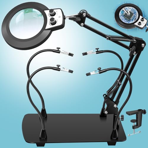 KUVRS Helping Hands Soldering Station, 10X Magnifying Glass with Light and Stand, Third Hand Soldering Tool Magnetic, Infinite Color Solder Magnifier for Repair Hobby Craft(10X PCB Arm Rotary Switch)