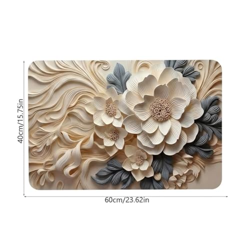 Image of Non-Slip 3D Floral Bath Mat, Quick Dry Absorbent Silicone Floor Mat, Anti Skid Doormat for Bathroom, Home, Office, Living Room, Hallway Runner, Soft Cushion Carpet Rug (Beige)